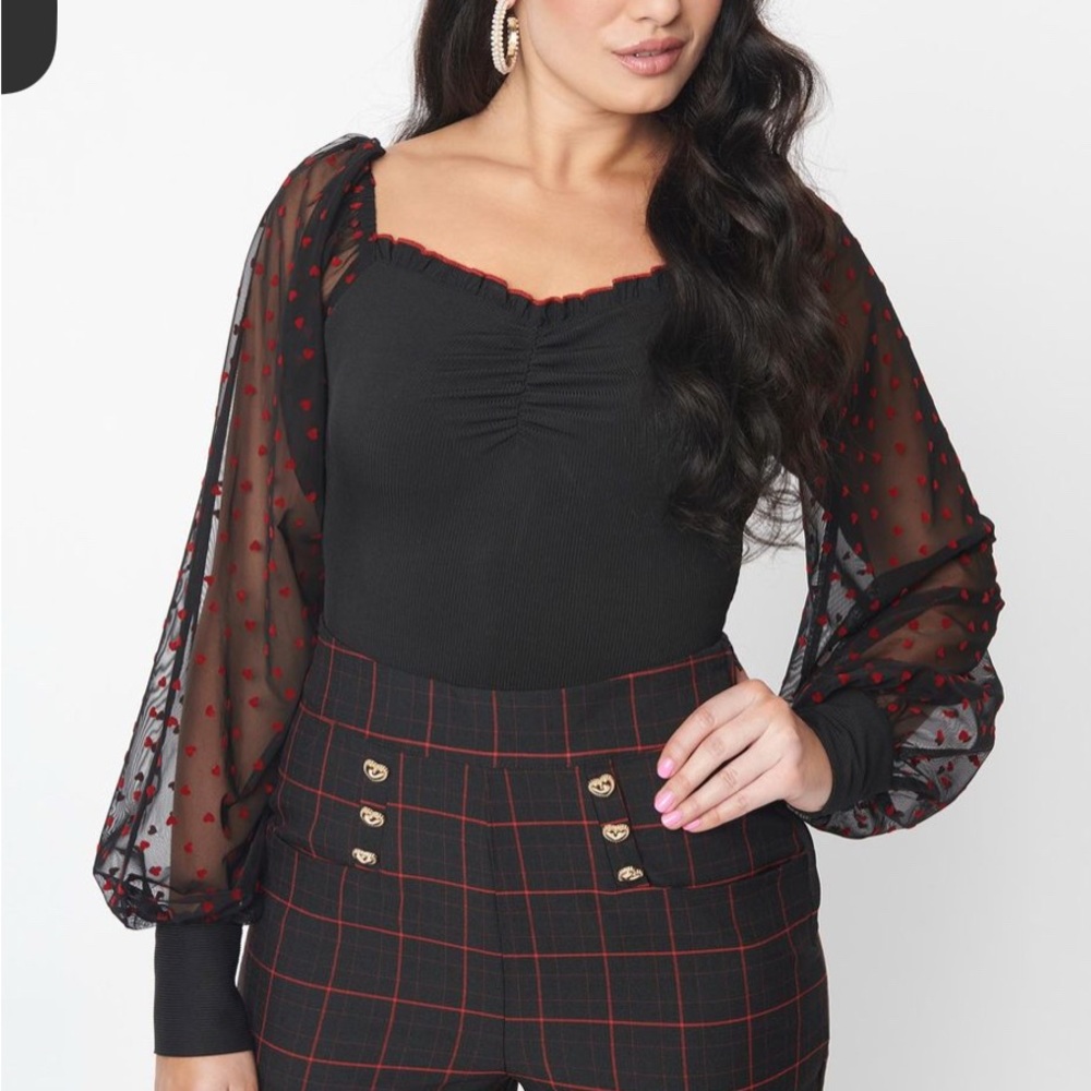 EUC Unique Vintage Black and Red Flocked Hearts Long Sleeve Bodysuit